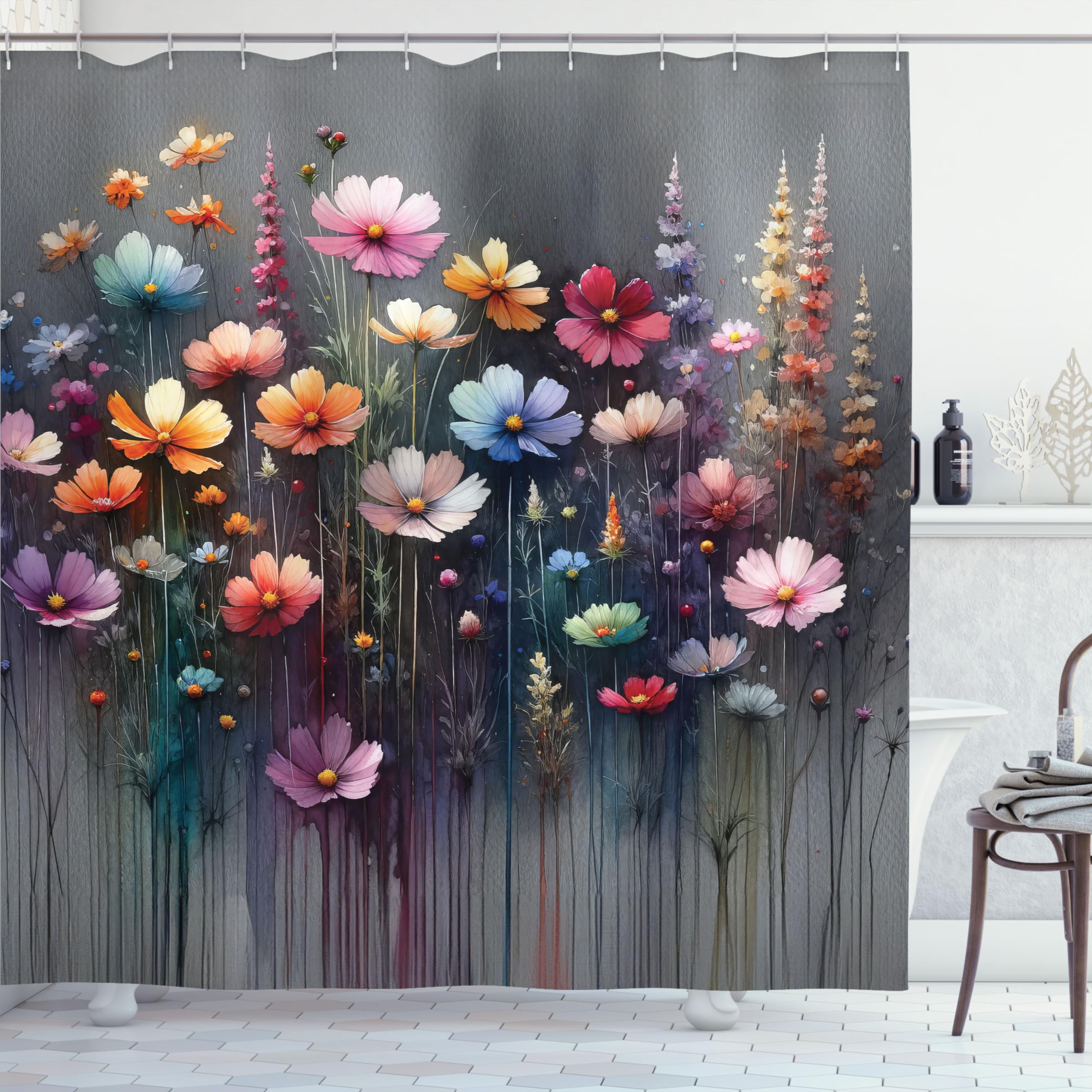Ambesonne Floral Shower Curtain, Melancholic Bohemian Garden Composition With Abstract Lines Flowery Dream, Cloth Fabric Bathroo